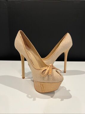 bebe Nude canvas Platform Peep-Toe Pumps with Bow Accent